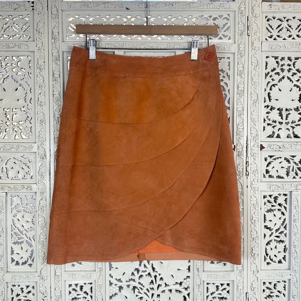 Vintage Retro Orange Tiered Suede Leather Knee Length‎ Wrap Skirt Sz Small